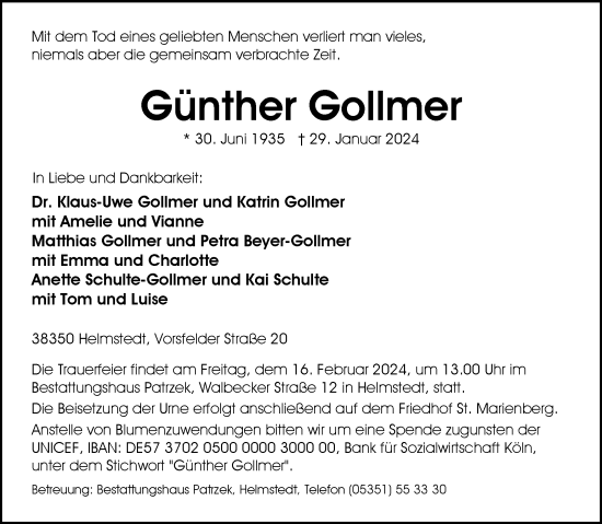 Traueranzeige von Günther Gollmer von Helmstedter Nachrichten