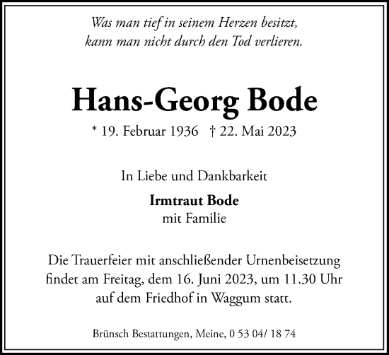 Traueranzeige von Hans-Georg Bode von Braunschweiger Zeitung