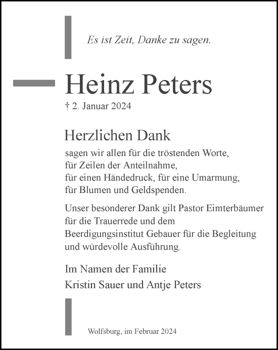 Traueranzeige von Heinz Peters von Wolfsburger Nachrichten