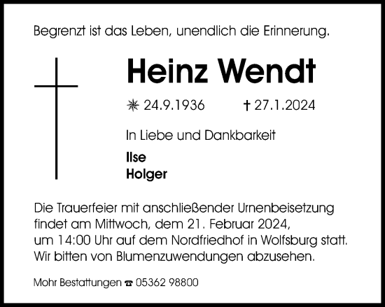 Traueranzeige von Heinz Wendt von Wolfsburger Nachrichten