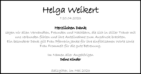 Traueranzeige von Helga Weikert von Salzgitter-Zeitung