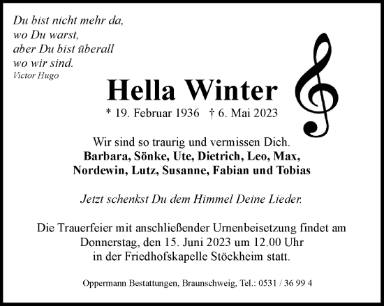 Traueranzeige von Hella Winter von Braunschweiger Zeitung