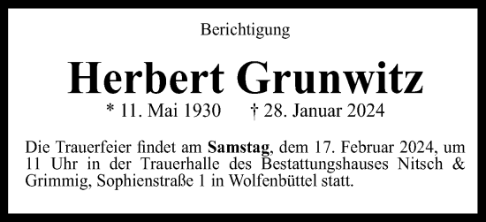 Traueranzeige von Herbert Grunwitz von Braunschweiger Zeitung