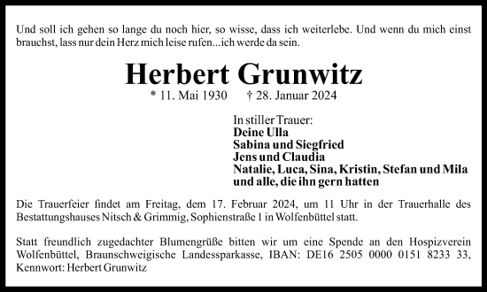 Traueranzeige von Herbert Grunwitz von Braunschweiger Zeitung