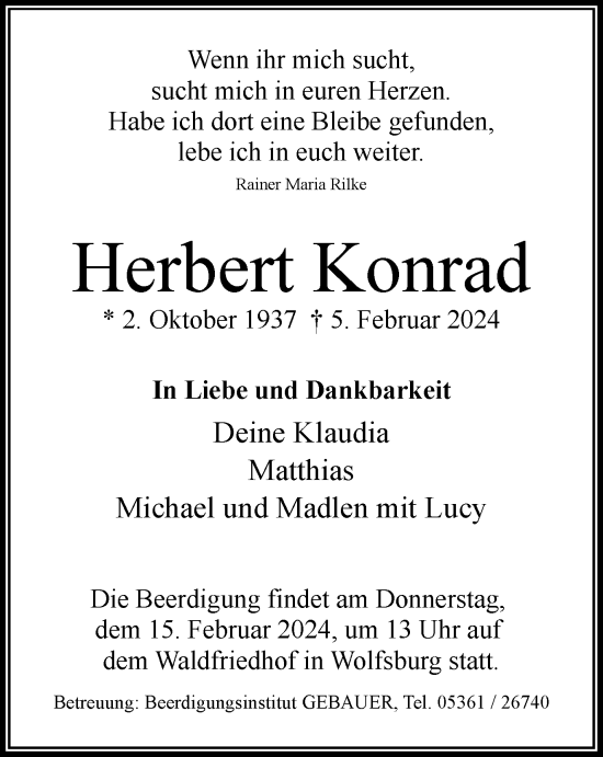 Traueranzeige von Herbert Konrad von Wolfsburger Nachrichten