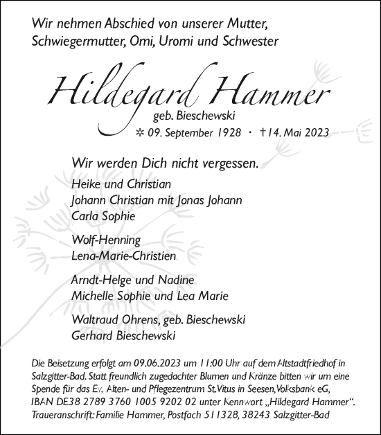 Traueranzeige von Hildegard Hammer von Salzgitter-Zeitung