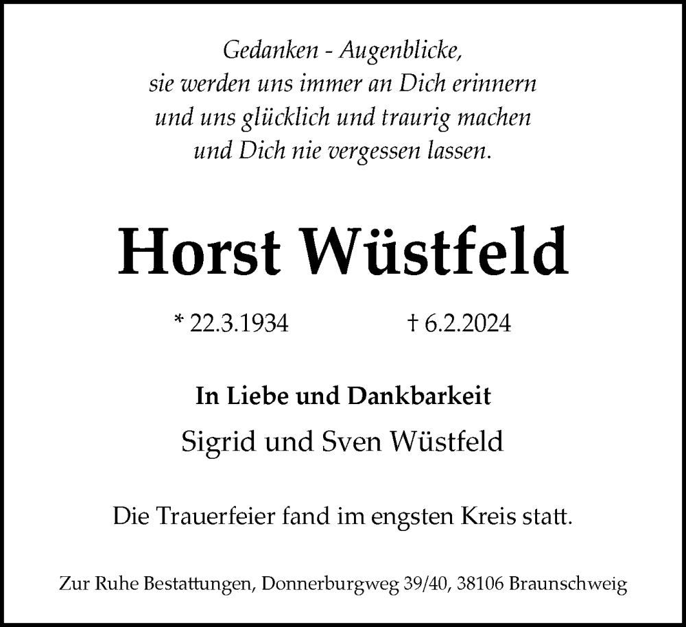  Traueranzeige für Horst Wüstfeld vom 16.02.2024 aus Braunschweiger Zeitung