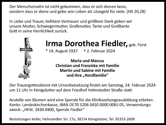 Traueranzeige von Irma Dorothea Fiedler von Helmstedter Nachrichten