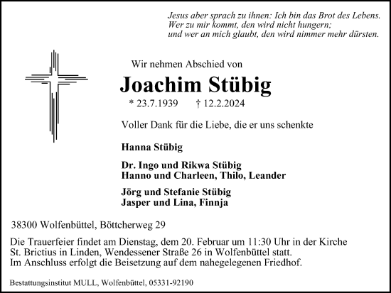 Traueranzeige von Joachim Stübig von Braunschweiger Zeitung, Salzgitter-Zeitung