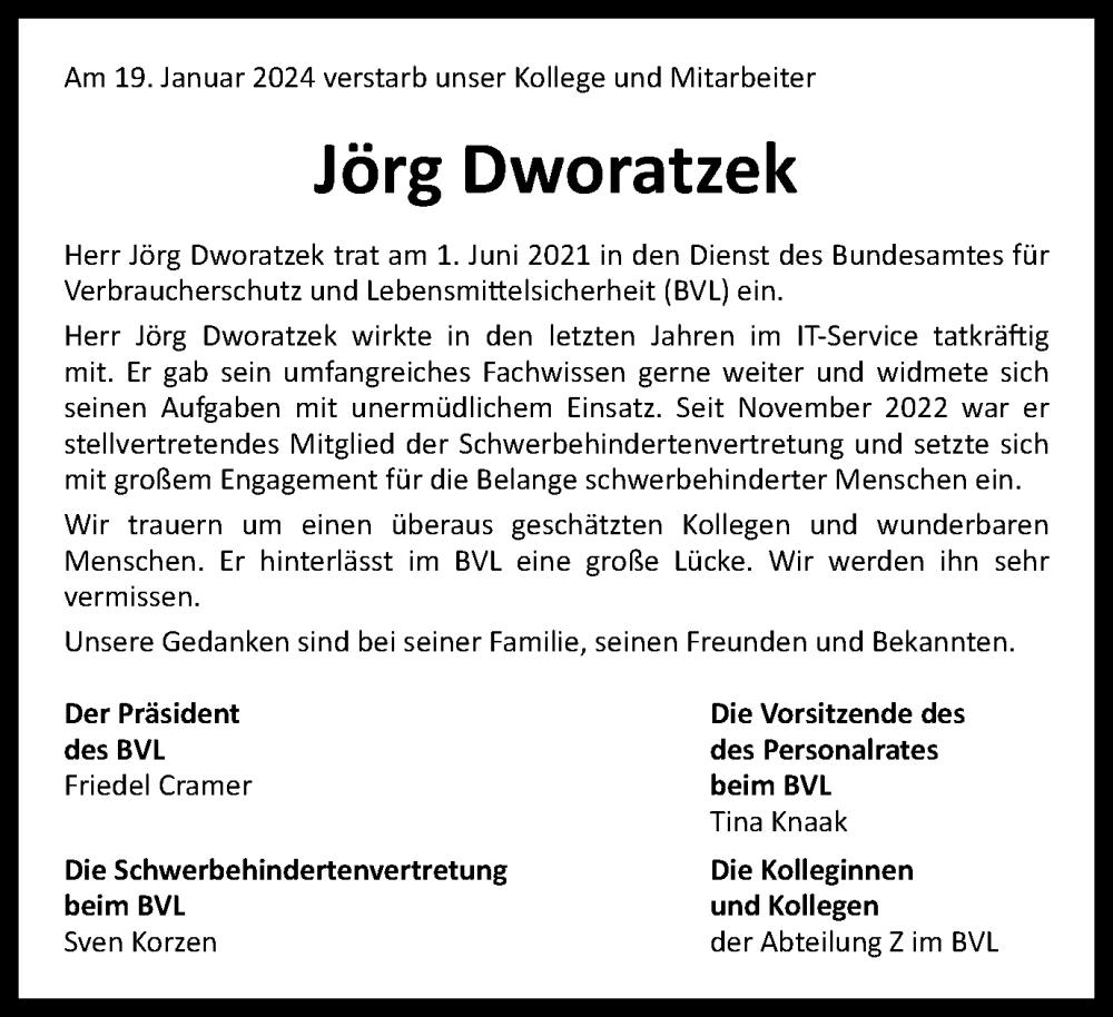  Traueranzeige für Jörg Dworatzek vom 09.02.2024 aus Braunschweiger Zeitung