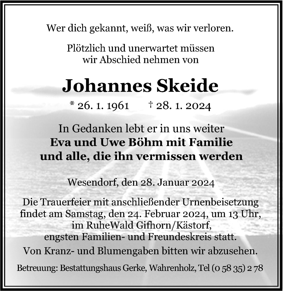  Traueranzeige für Johannes Skeide vom 17.02.2024 aus Braunschweiger Zeitung