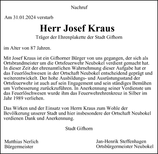 Traueranzeige von Josef Kraus von Wolfsburger Nachrichten