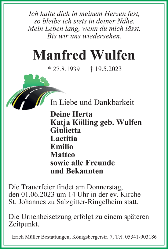 Traueranzeige von Manfred Wulfen von Salzgitter-Zeitung