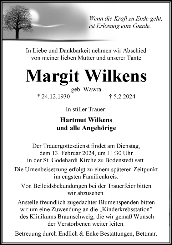 Traueranzeige von Margit Wilkens von Peiner Nachrichten