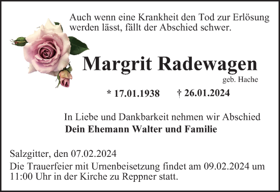 Traueranzeige von Margrit Radewagen von Salzgitter-Zeitung