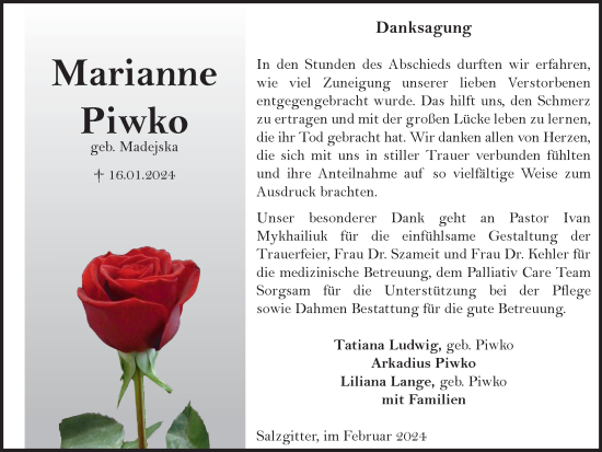 Traueranzeige von Marianne Piwko von Salzgitter-Zeitung