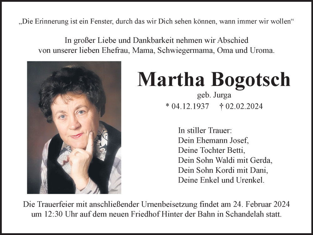  Traueranzeige für Martha Bogotsch vom 17.02.2024 aus Wolfenbütteler Zeitung