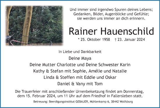 Traueranzeige von Rainer Hauenschild von Wolfsburger Nachrichten