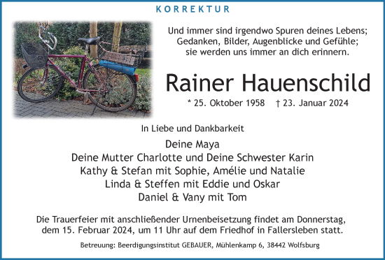 Traueranzeige von Rainer Hauenschild von Wolfsburger Nachrichten