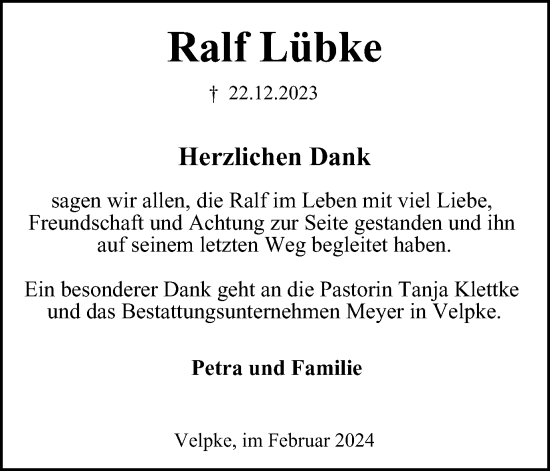 Traueranzeige von Ralf Lübke von Wolfsburger Nachrichten