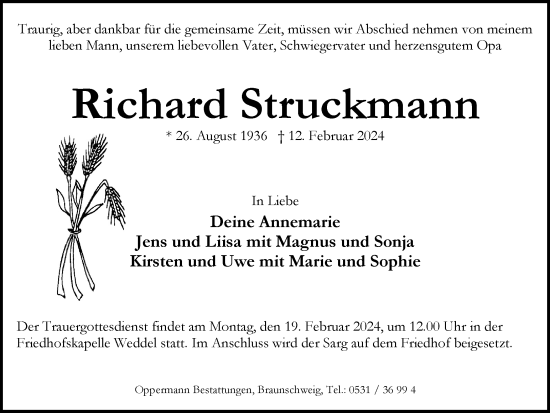 Traueranzeige von Richard Struckmann von Braunschweiger Zeitung