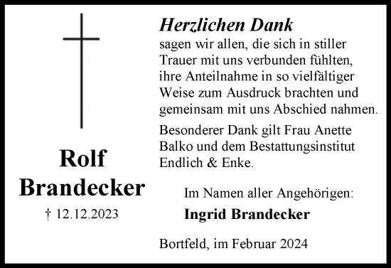 Traueranzeige von Rolf Brandecker von Peiner Nachrichten