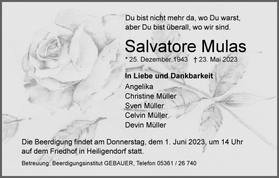 Traueranzeige von Salvatore Mulas von Wolfsburger Nachrichten