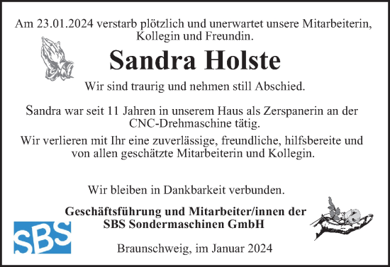 Traueranzeige von Sandra Holste von Braunschweiger Zeitung