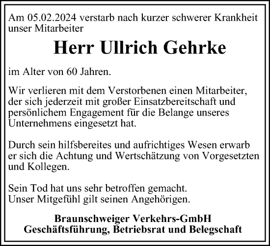 Traueranzeige von Ullrich Gehrke von Braunschweiger Zeitung