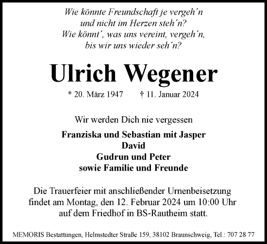 Traueranzeige von Ulrich Wegener von Braunschweiger Zeitung