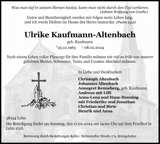 Traueranzeige von Ulrike Kaufmann-Altenbach von Helmstedter Nachrichten