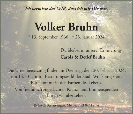 Traueranzeige von Volker Bruhn von Wolfsburger Nachrichten