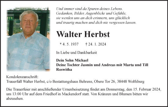 Traueranzeige von Walter Herbst von Helmstedter Nachrichten