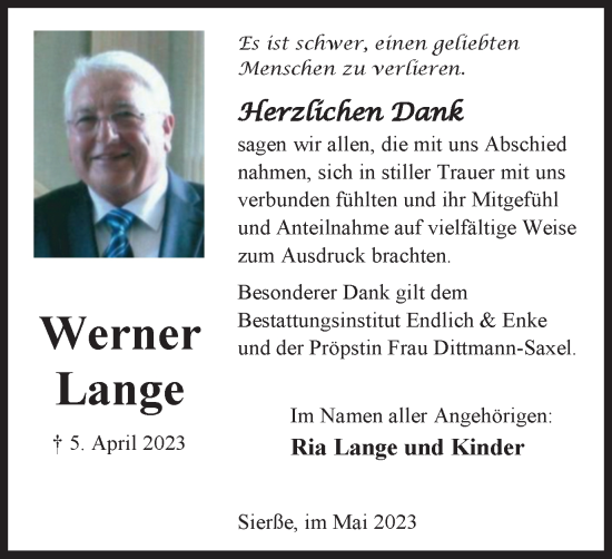 Traueranzeige von Werner Lange von Braunschweiger Zeitung