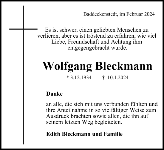 Traueranzeige von Wolfgang Bleckmann von Salzgitter-Zeitung