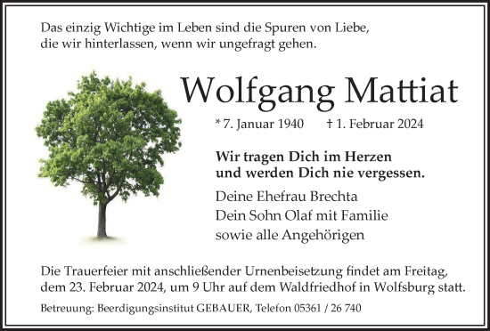 Traueranzeige von Wolfgang Mattiat von Wolfsburger Nachrichten