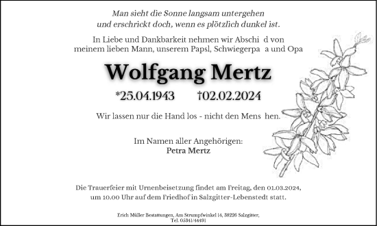 Traueranzeige von Wolfgang Mertz von Salzgitter-Zeitung