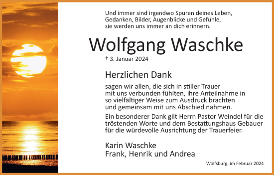 Traueranzeige von Wolfgang Waschke von Wolfsburger Nachrichten