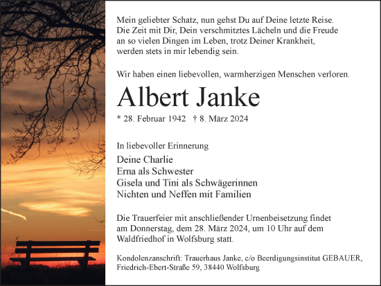 Traueranzeige von Albert Janke von Wolfsburger Nachrichten