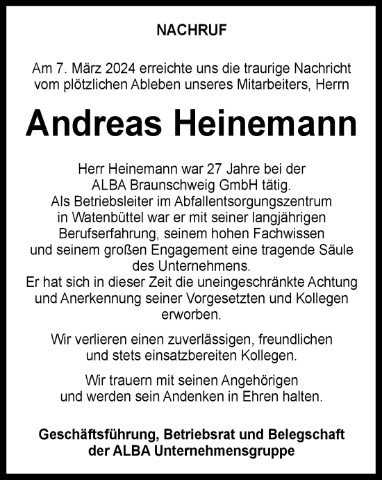 Traueranzeige von Andreas Heinemann von Braunschweiger Zeitung