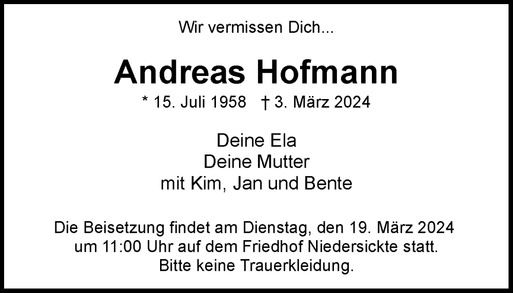  Traueranzeige für Andreas Hofmann vom 16.03.2024 aus Braunschweiger Zeitung