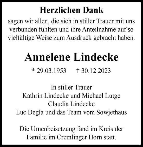 Traueranzeige von Annelene Lindecke von Braunschweiger Zeitung