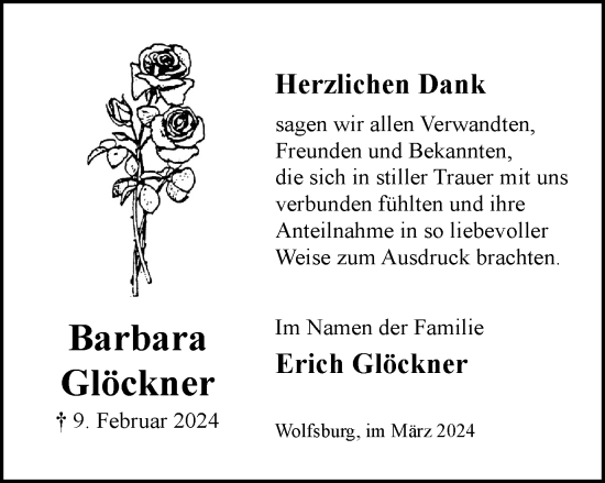 Traueranzeige von Barbara Glöckner von Wolfsburger Nachrichten