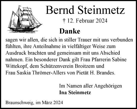 Traueranzeige von Bernd Steinmetz von Braunschweiger Zeitung