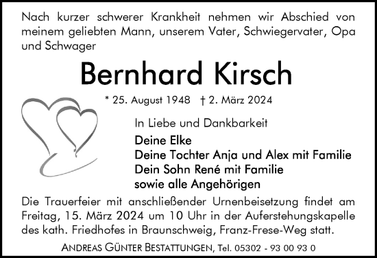 Traueranzeige von Bernhard Kirsch von Braunschweiger Zeitung