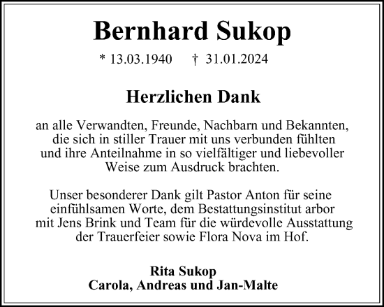 Traueranzeige von Bernhard Sukop von Braunschweiger Zeitung