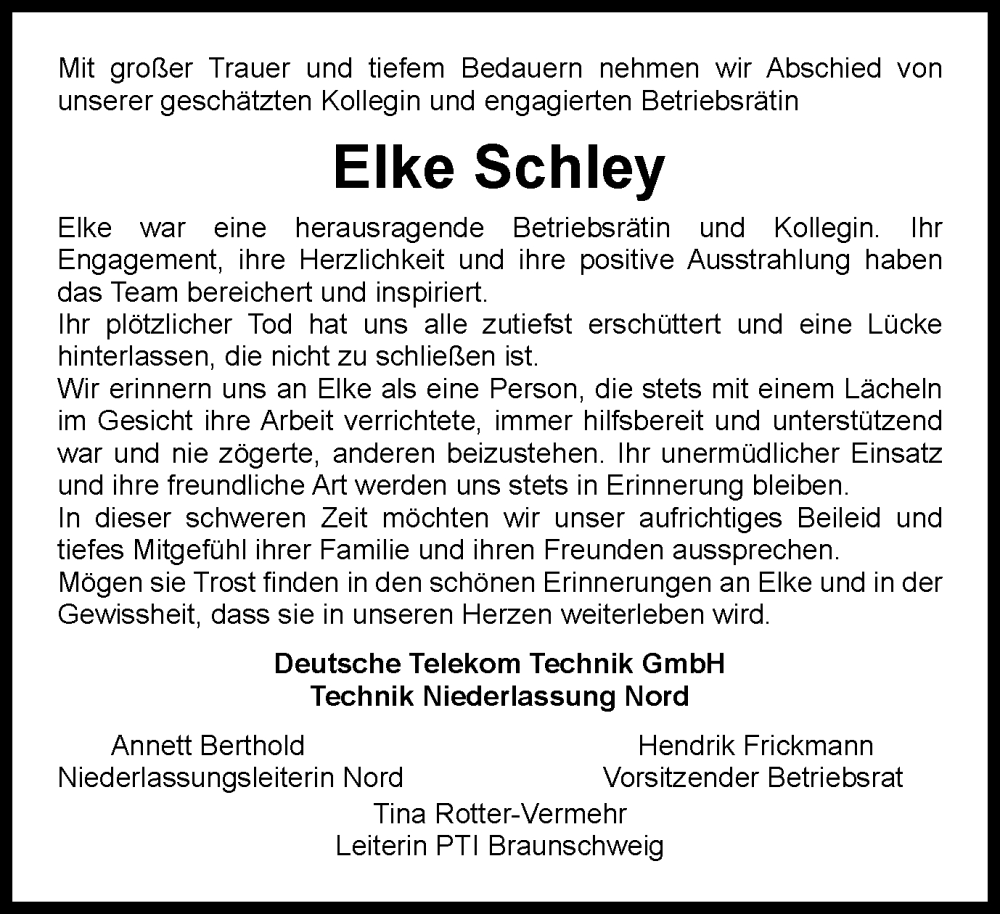  Traueranzeige für Elke Schley vom 16.03.2024 aus Braunschweiger Zeitung