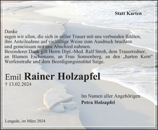 Traueranzeige von Emil Rainer Holzapfel von Salzgitter-Zeitung, Peiner Nachrichten