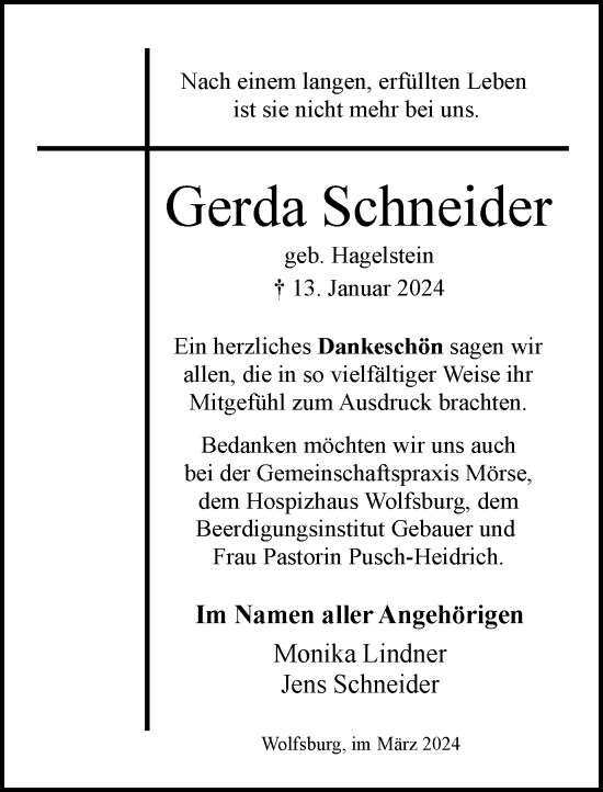 Traueranzeige von Gerda Schneider von Wolfsburger Nachrichten