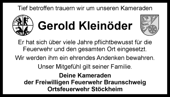 Traueranzeige von Gerold Kleinöder von Braunschweiger Zeitung